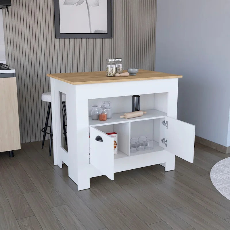 Isola da cucina con mobiletto a due ante e ripiano per la sala da pranzo.