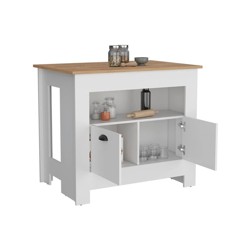 Isola da cucina con mobiletto a due ante e ripiano per la sala da pranzo.