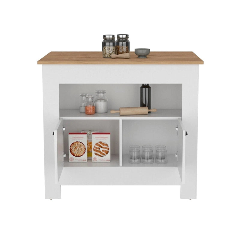 Isola da cucina con mobiletto a due ante e ripiano per la sala da pranzo.