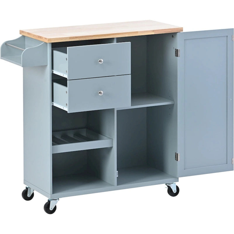 Küchenwagen aus Rubberwood mit Klappplatte, integriertem Ablageregal, Handtuchhalter, Gewürzregal und 2 Schubladen