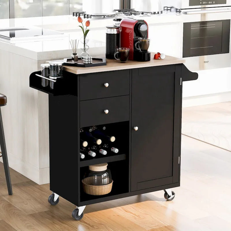 Küchenwagen aus Rubberwood mit Klappplatte, integriertem Ablageregal, Handtuchhalter, Gewürzregal und 2 Schubladen