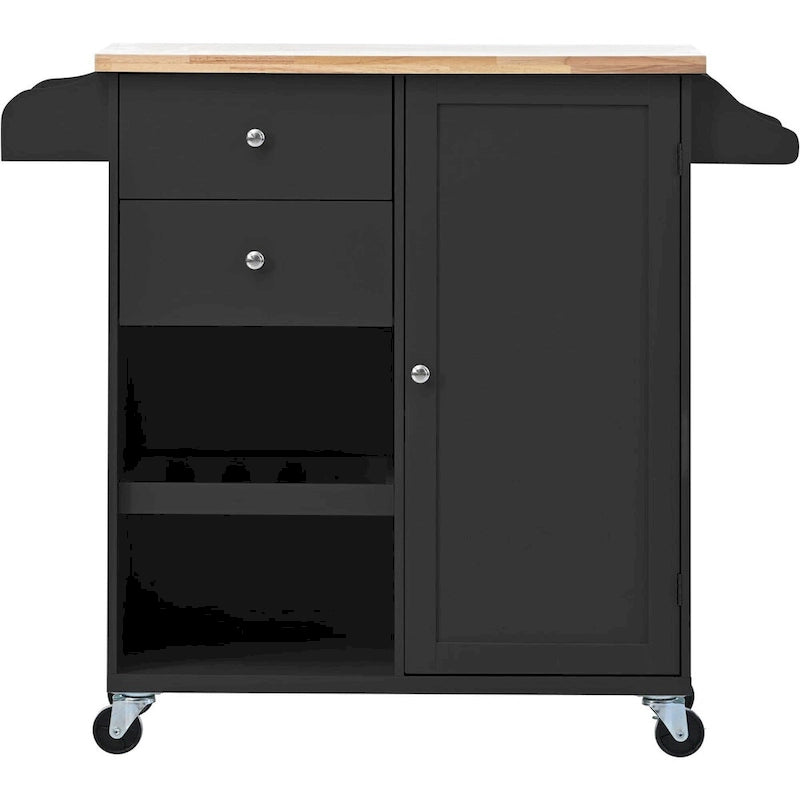 Küchenwagen aus Rubberwood mit Klappplatte, integriertem Ablageregal, Handtuchhalter, Gewürzregal und 2 Schubladen