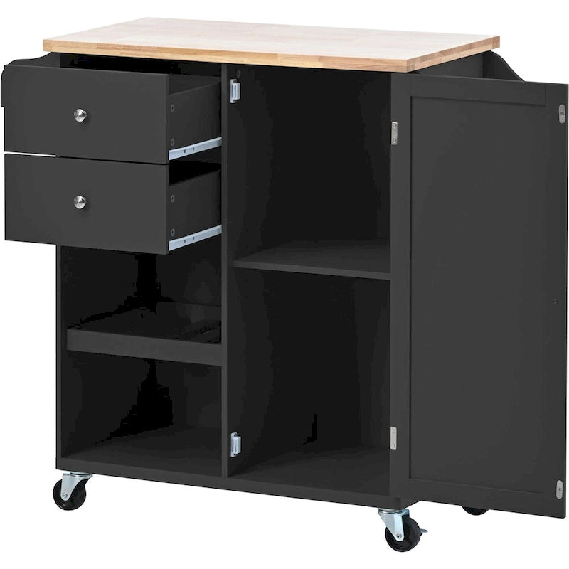 Küchenwagen aus Rubberwood mit Klappplatte, integriertem Ablageregal, Handtuchhalter, Gewürzregal und 2 Schubladen