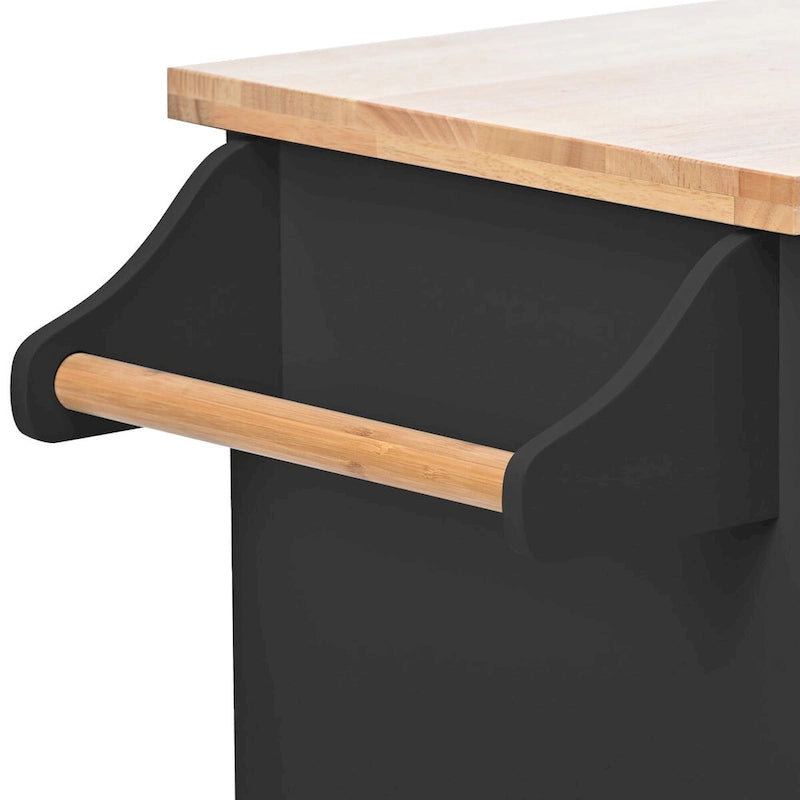 Küchenwagen aus Rubberwood mit Klappplatte, integriertem Ablageregal, Handtuchhalter, Gewürzregal und 2 Schubladen