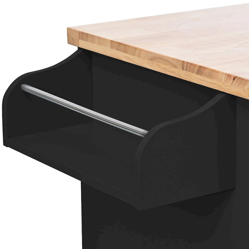 Küchenwagen aus Rubberwood mit Klappplatte, integriertem Ablageregal, Handtuchhalter, Gewürzregal und 2 Schubladen