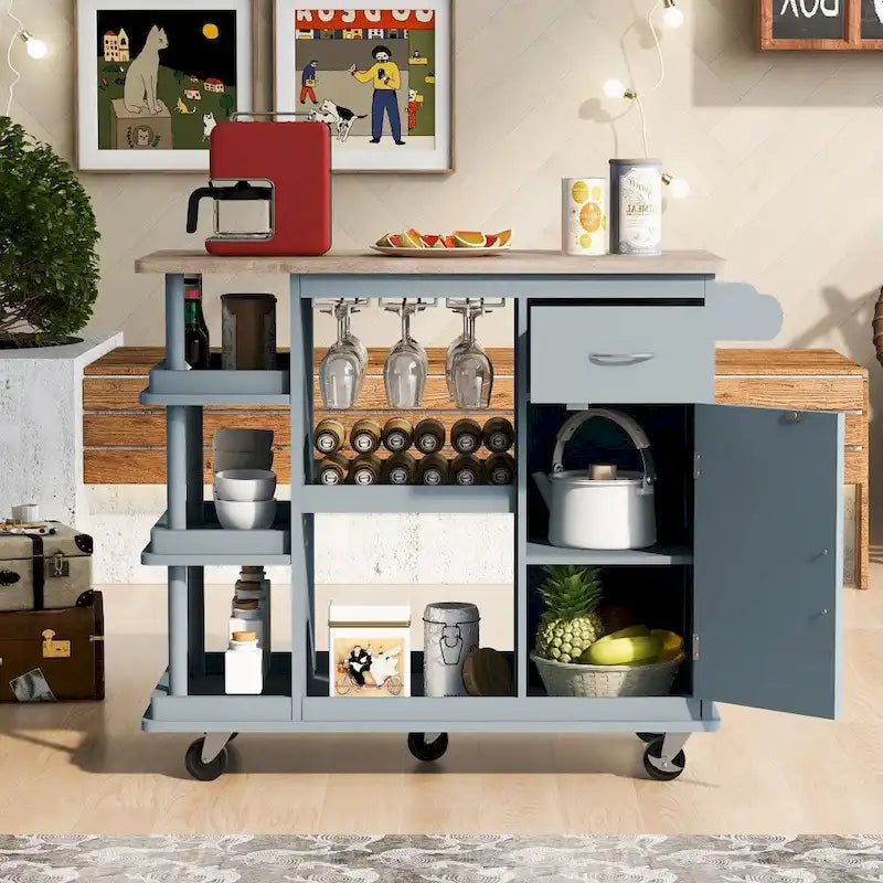 Carrello da cucina in legno della gomma con ripiani regolabili e portabottiglie