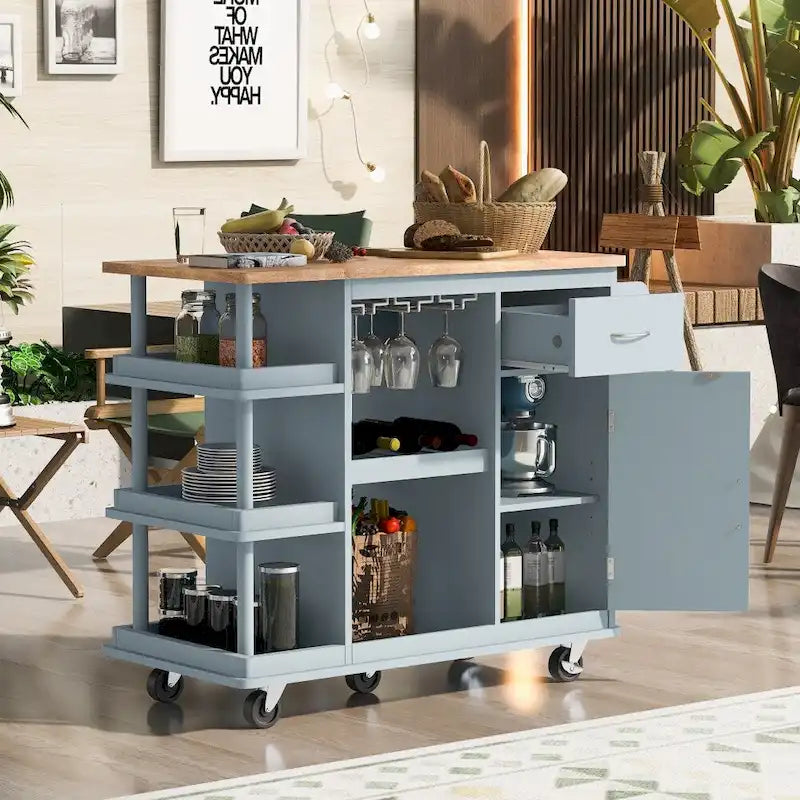 Carrello da cucina in legno della gomma con ripiani regolabili e portabottiglie