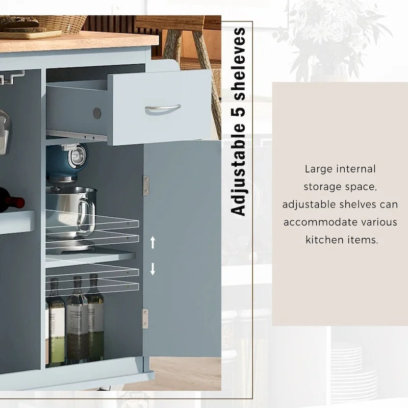 Carrello da cucina in legno della gomma con ripiani regolabili e portabottiglie