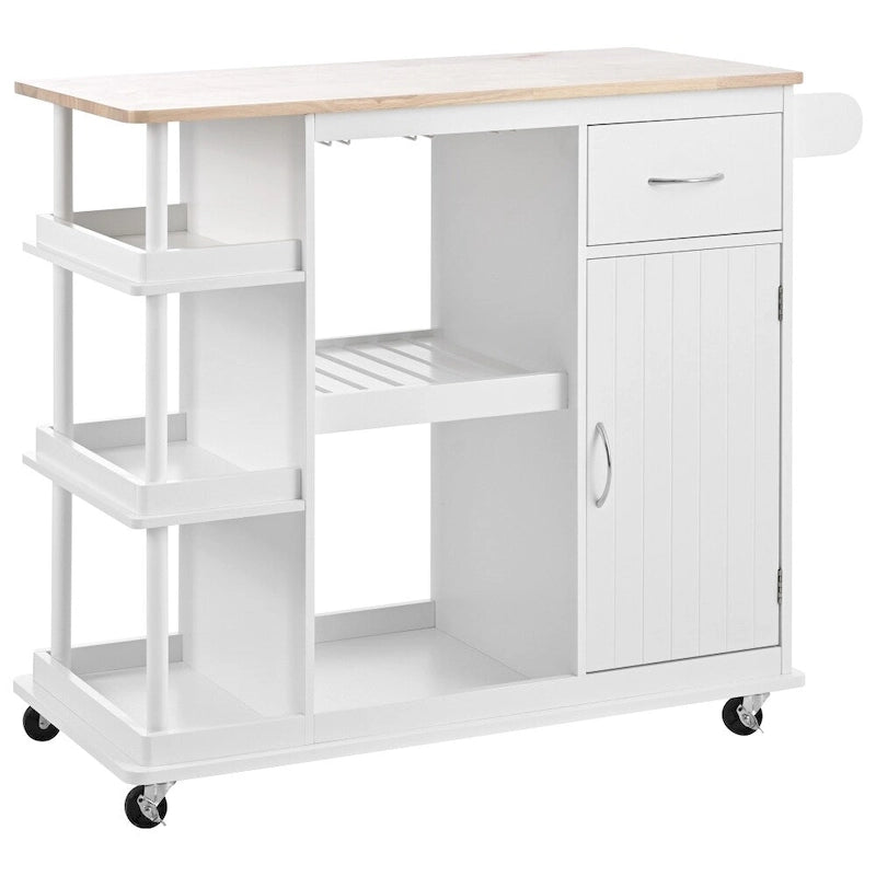 Carrello da cucina in legno della gomma con ripiani regolabili e portabottiglie