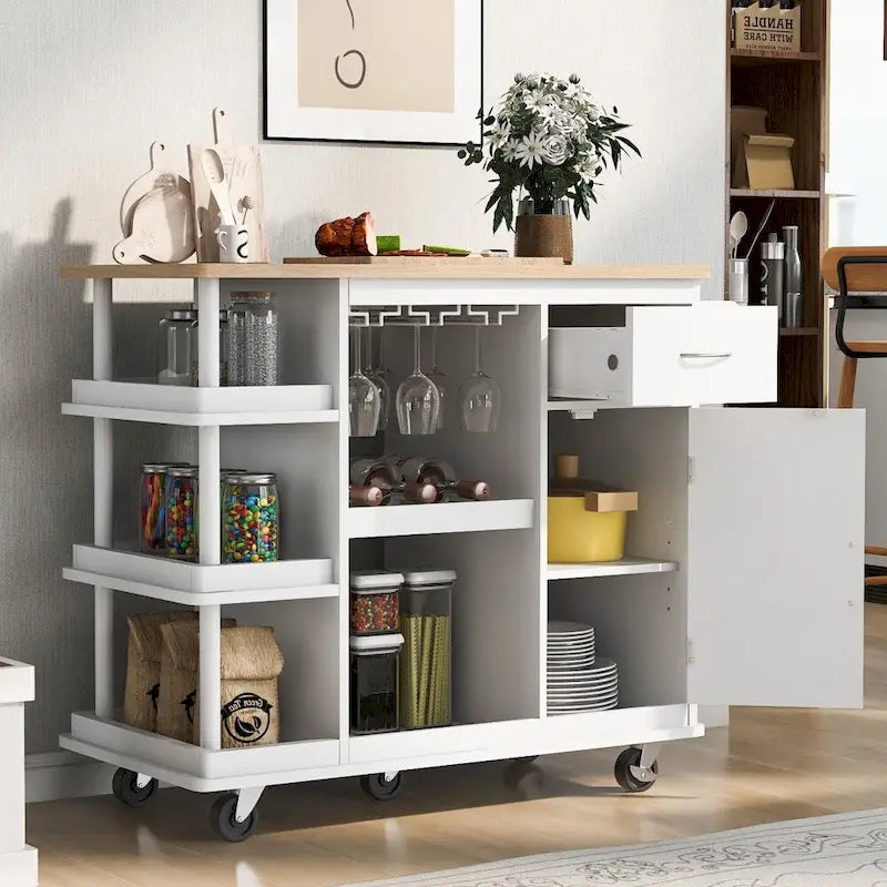 Carrello da cucina in legno della gomma con ripiani regolabili e portabottiglie