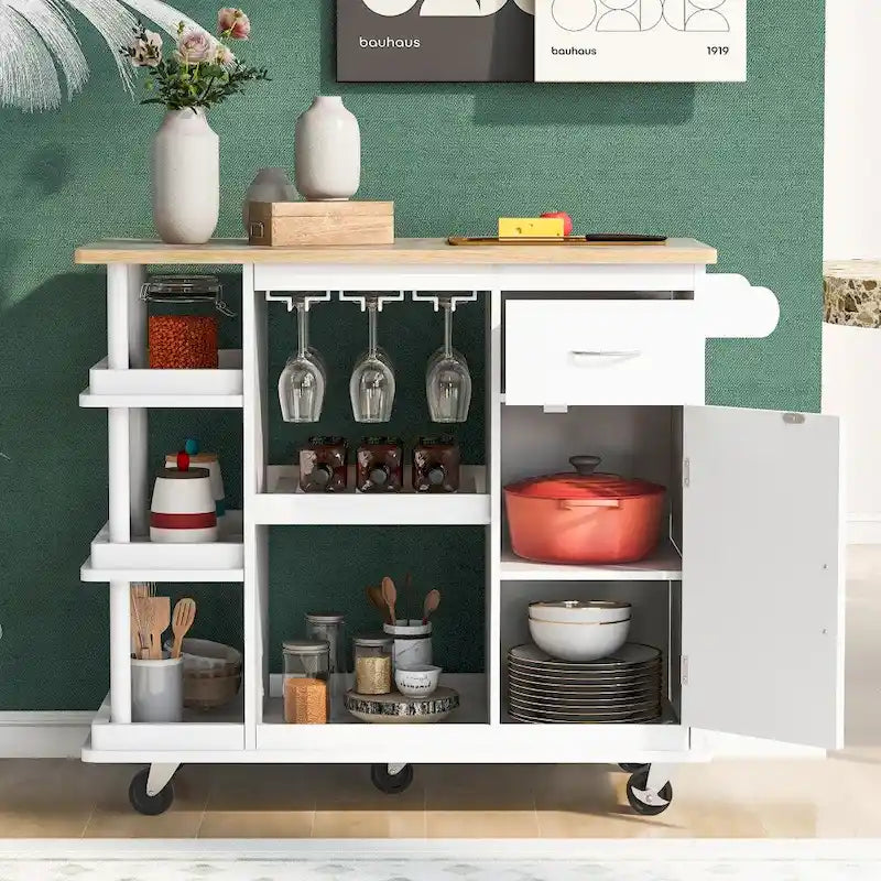 Carrello da cucina in legno della gomma con ripiani regolabili e portabottiglie