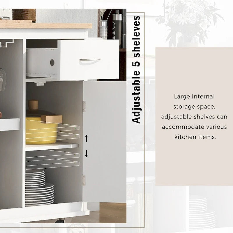 Carrello da cucina in legno della gomma con ripiani regolabili e portabottiglie
