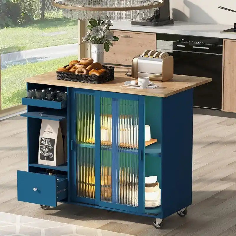 Kuchyňský ostrůvek na kolečkách s výklopnou deskou, LED osvětlením, 2 dveřmi z rýhovaného skla a 1 výklopnými dvířky skříňky