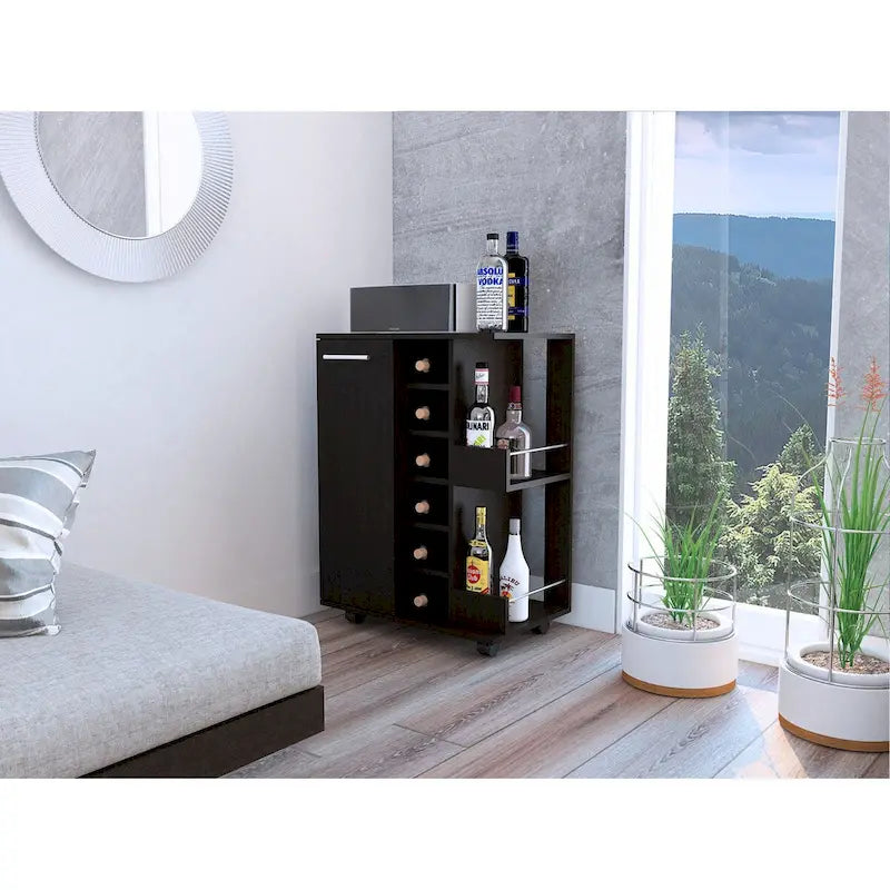 Barwagen mit 2 Ablagen und Platz für 6 Flaschen, Trennwand in schwarzem Wenge für Küche, Party und Wohnzimmer
