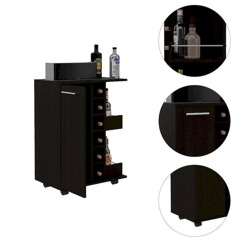 2-Shelf 6-Bottle Bar Cart with Division Black Wengue for Kitchen, Party and Living Room