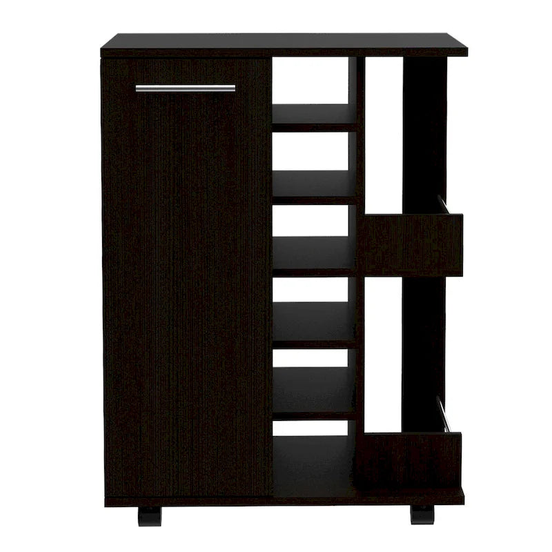Barwagen mit 2 Ablagen und Platz für 6 Flaschen, Trennwand in schwarzem Wenge für Küche, Party und Wohnzimmer