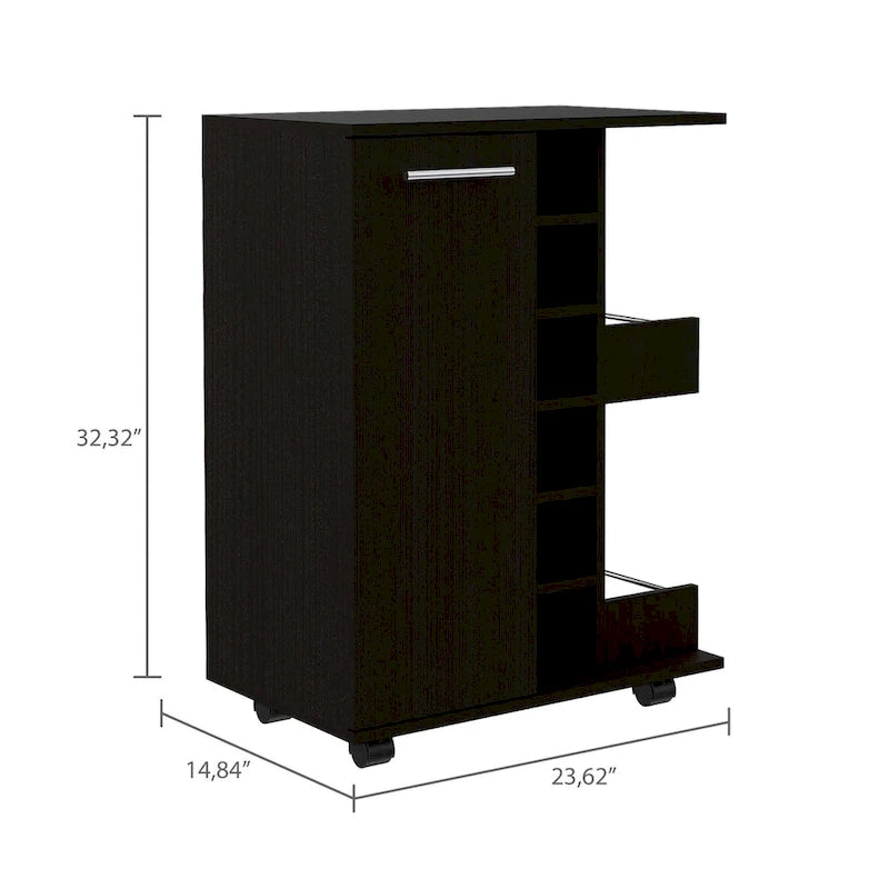 Barwagen mit 2 Ablagen und Platz für 6 Flaschen, Trennwand in schwarzem Wenge für Küche, Party und Wohnzimmer