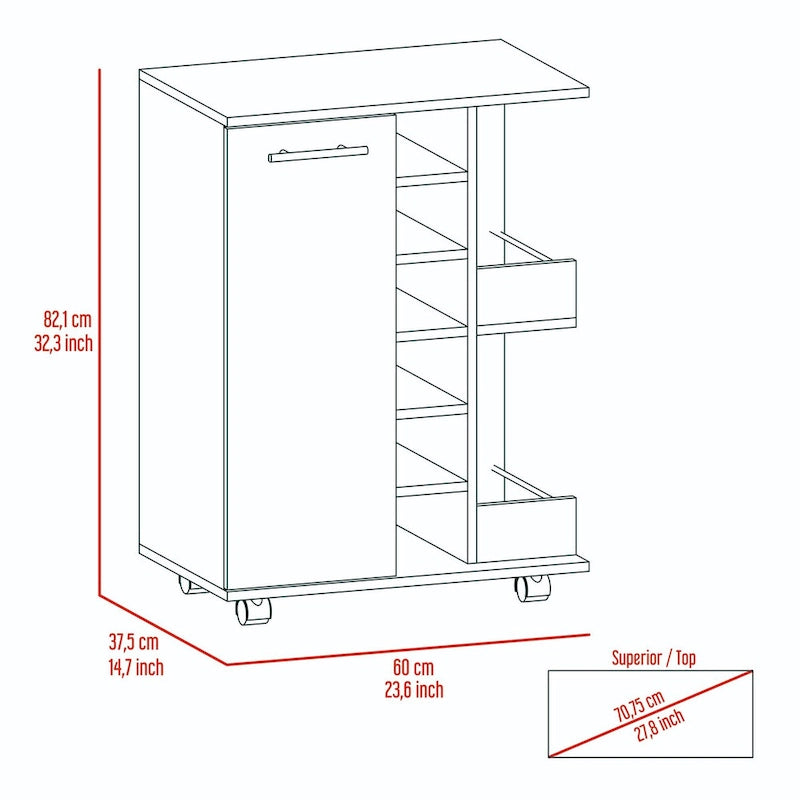 2-Shelf 6-Bottle Bar Cart with Division Black Wengue for Kitchen, Party and Living Room