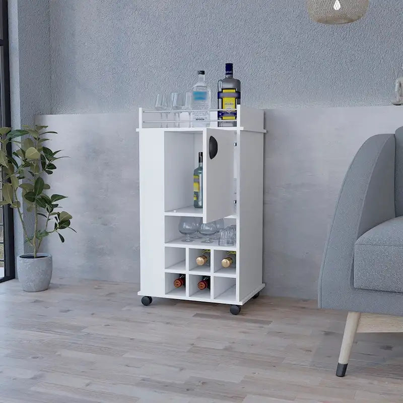 Barwagen mit Rollen, sechs Weinflaschenfächern und einer Tür für Küche, Partys und Wohnzimmer