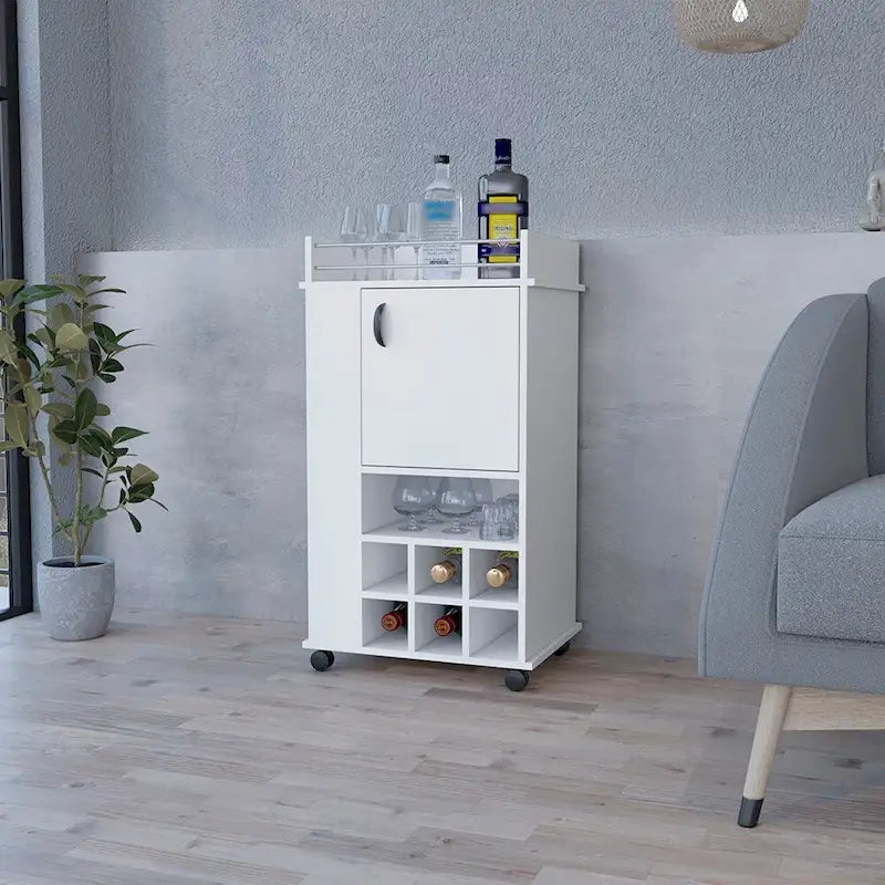 Barwagen mit Rollen, sechs Weinflaschenfächern und einer Tür für Küche, Partys und Wohnzimmer