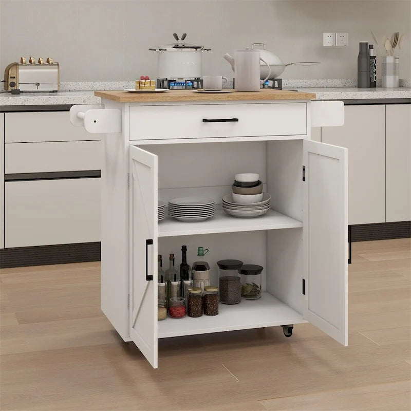 Carrello isola da cucina con ruote, ripiani regolabili e piano in legno