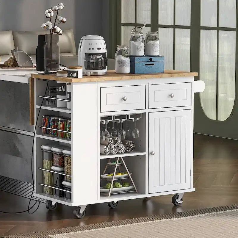 Carrello-isola da cucina con ruote, presa di corrente, piano ribaltabile e portabottiglie