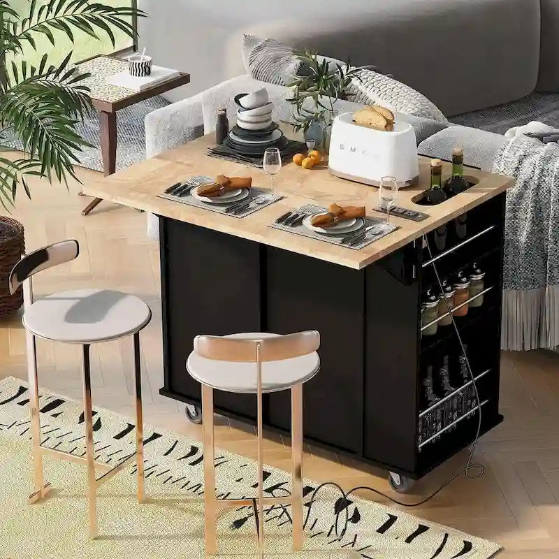 Carrello-isola da cucina con ruote, presa di corrente, piano ribaltabile e portabottiglie