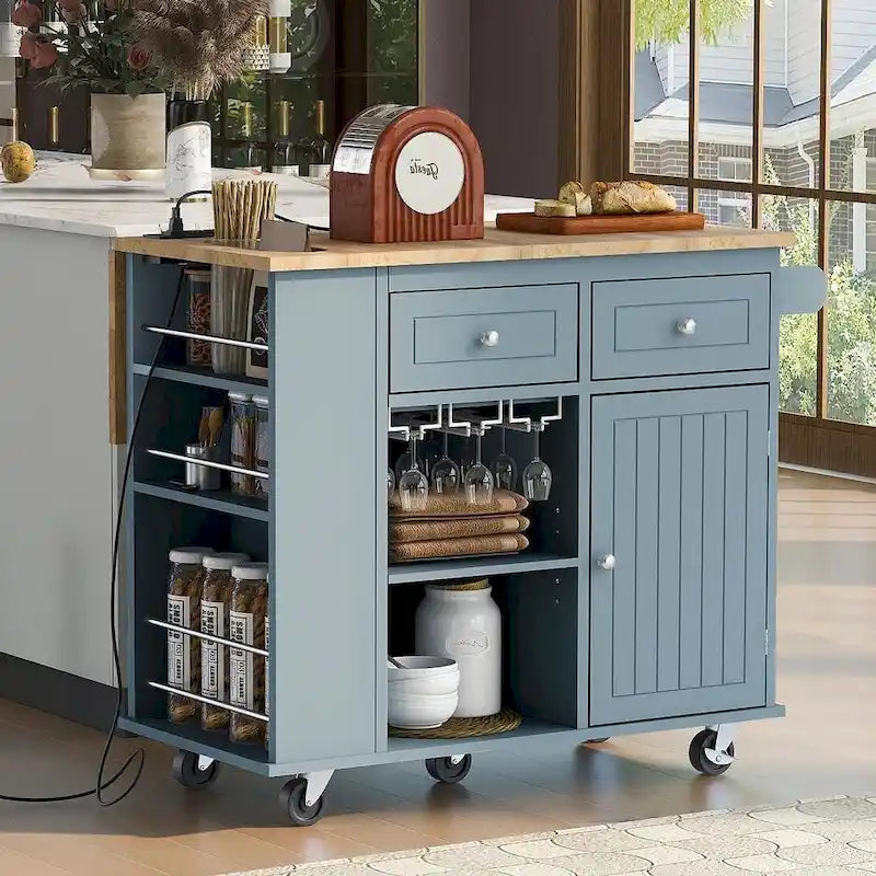 Carrello-isola da cucina con ruote, presa di corrente, piano ribaltabile e portabottiglie