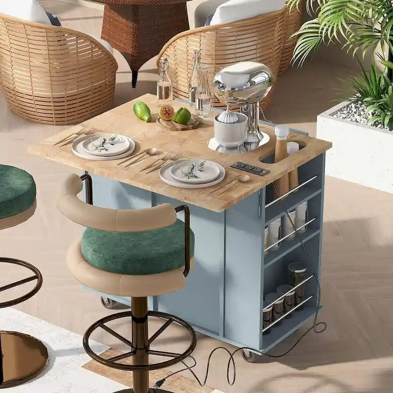 Carrello-isola da cucina con ruote, presa di corrente, piano ribaltabile e portabottiglie