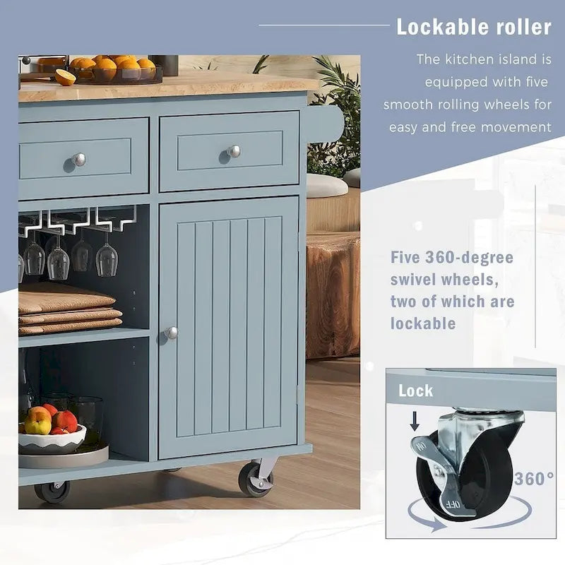 Carrello-isola da cucina con ruote, presa di corrente, piano ribaltabile e portabottiglie