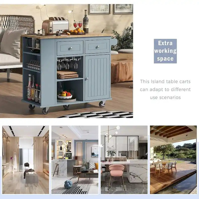 Carrello-isola da cucina con ruote, presa di corrente, piano ribaltabile e portabottiglie