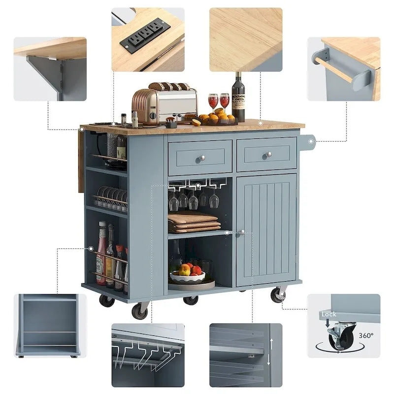 Carrello-isola da cucina con ruote, presa di corrente, piano ribaltabile e portabottiglie