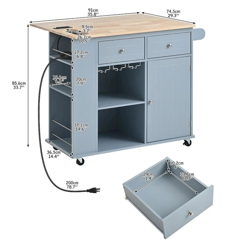 Carrello-isola da cucina con ruote, presa di corrente, piano ribaltabile e portabottiglie