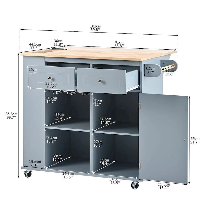 Carrello-isola da cucina con ruote, presa di corrente, piano ribaltabile e portabottiglie