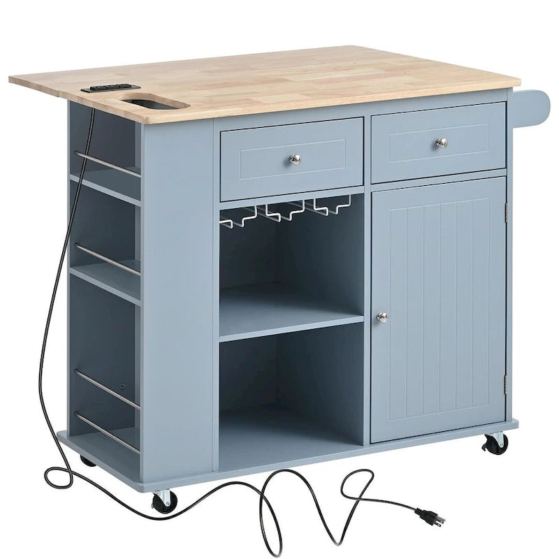 Carrello-isola da cucina con ruote, presa di corrente, piano ribaltabile e portabottiglie