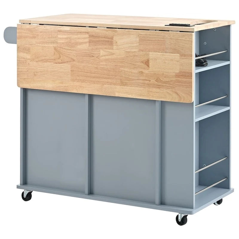 Carrello-isola da cucina con ruote, presa di corrente, piano ribaltabile e portabottiglie