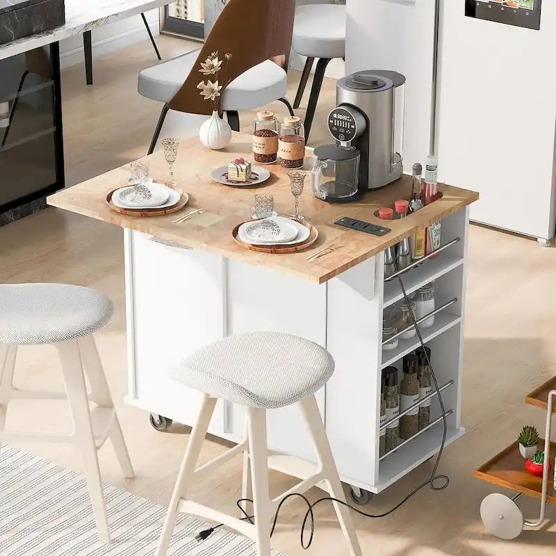 Carrello-isola da cucina con ruote, presa di corrente, piano ribaltabile e portabottiglie