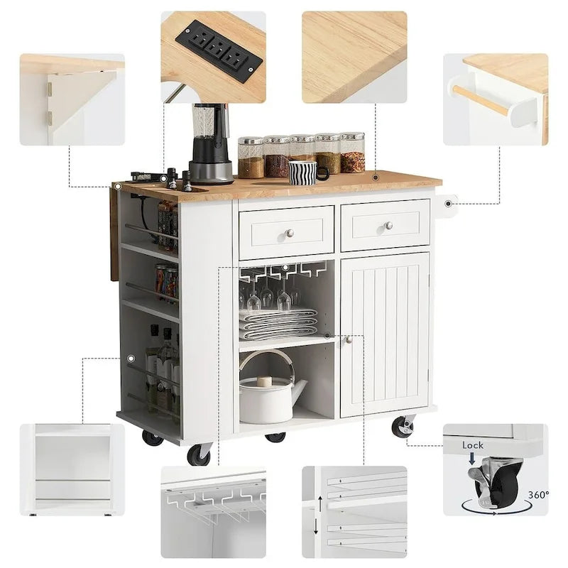 Carrello-isola da cucina con ruote, presa di corrente, piano ribaltabile e portabottiglie