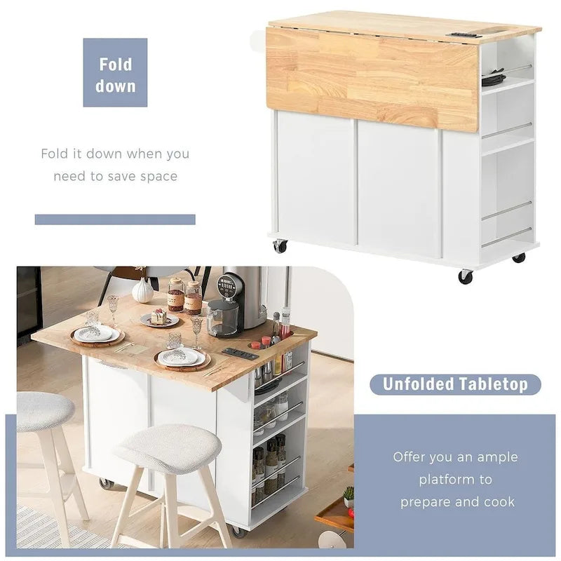 Carrello-isola da cucina con ruote, presa di corrente, piano ribaltabile e portabottiglie