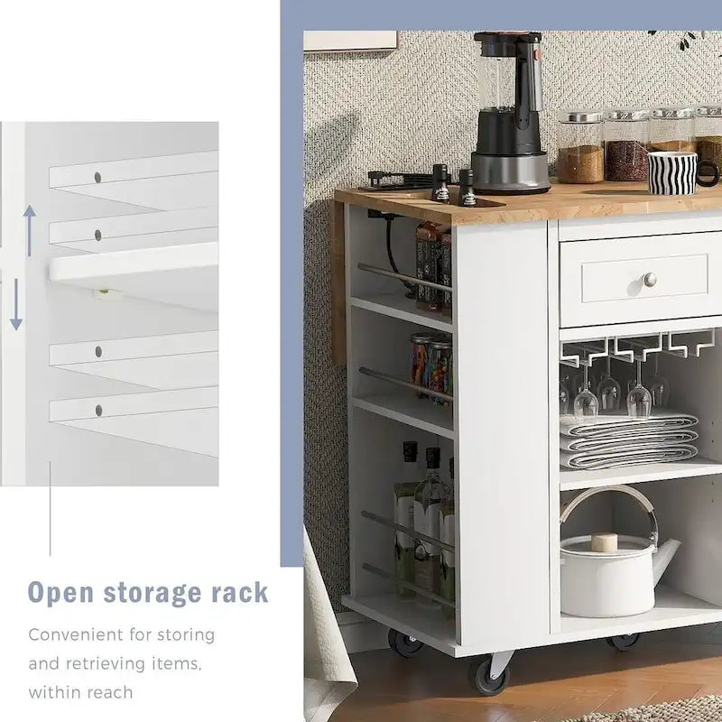 Carrello-isola da cucina con ruote, presa di corrente, piano ribaltabile e portabottiglie