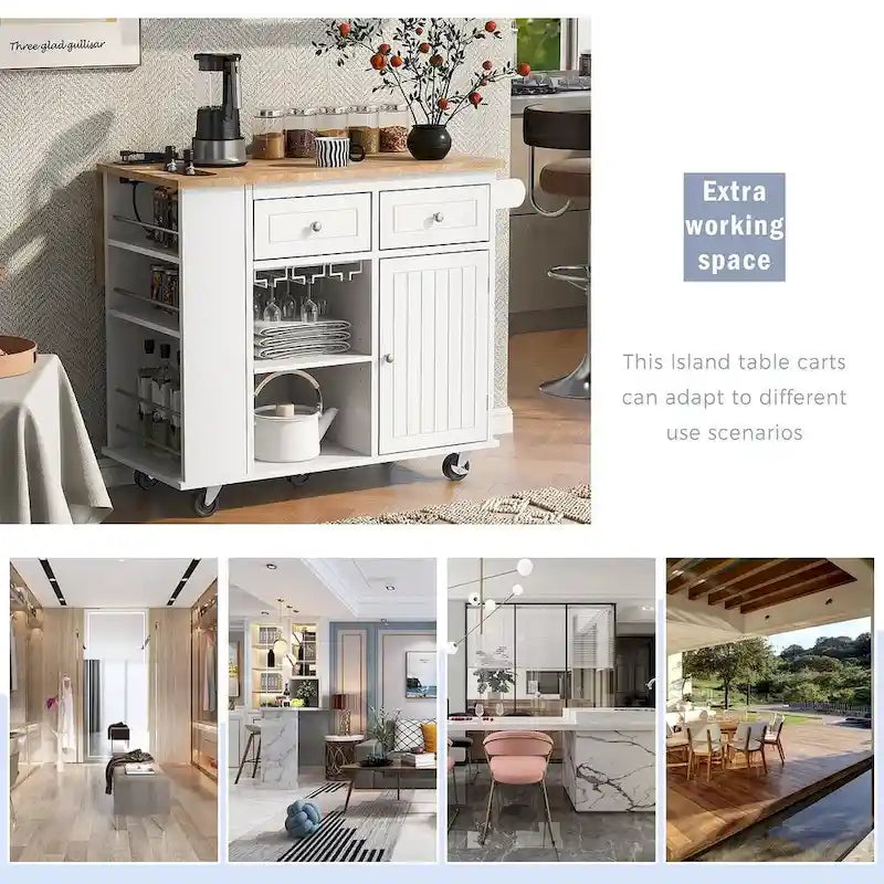 Carrello-isola da cucina con ruote, presa di corrente, piano ribaltabile e portabottiglie