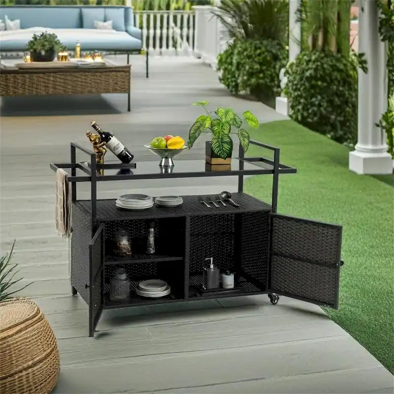 Outdoor Patio Wine Serving Cart with 2 Tiers and Bottle Holders for Backyard and Garden