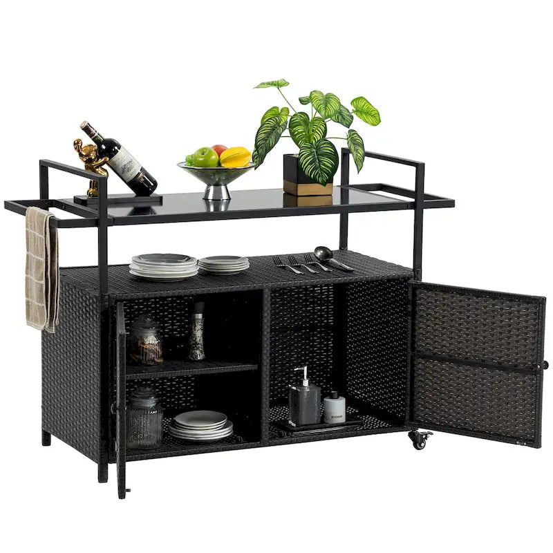 Outdoor Patio Wine Serving Cart with 2 Tiers and Bottle Holders for Backyard and Garden