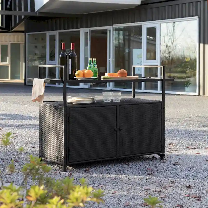 Outdoor Patio Wine Serving Cart with 2 Tiers and Bottle Holders for Backyard and Garden