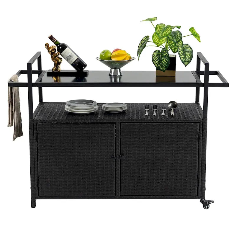 Outdoor Patio Wine Serving Cart with 2 Tiers and Bottle Holders for Backyard and Garden