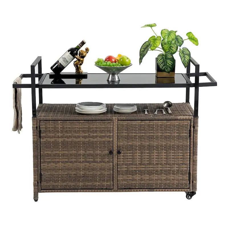 Outdoor Patio Wine Serving Cart with 2 Tiers and Bottle Holders for Backyard and Garden