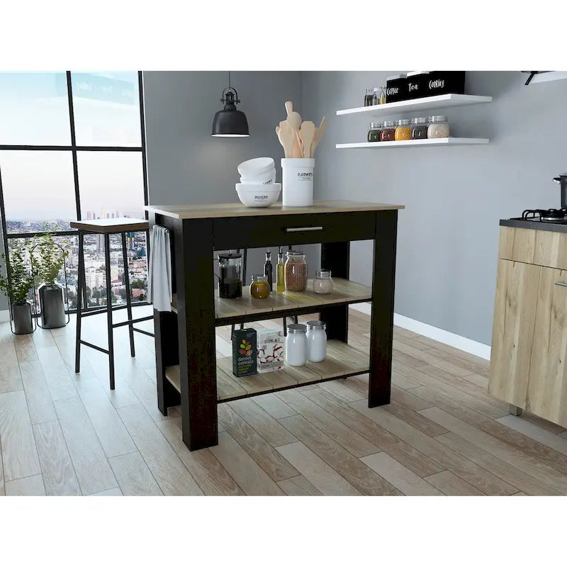 1-Drawer 2-Shelf Kitchen Island Black Wengue and Light Oak