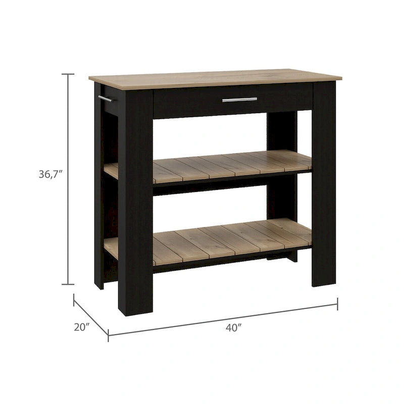 1-Drawer 2-Shelf Kitchen Island Black Wengue and Light Oak