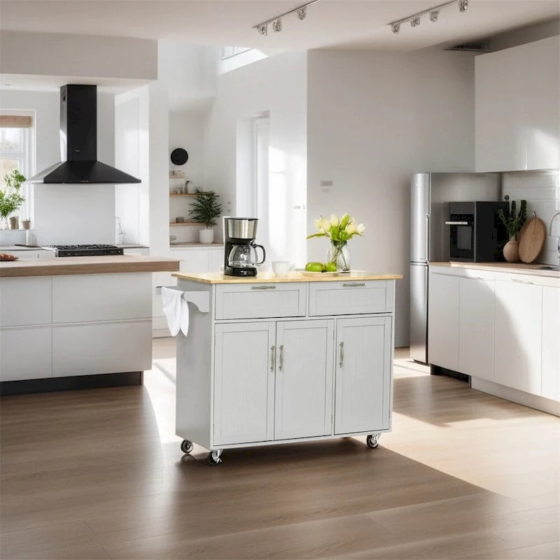 Isola da cucina mobile in legno naturale con 2 cassetti, 3 ante e ripiani regolabili su ruote