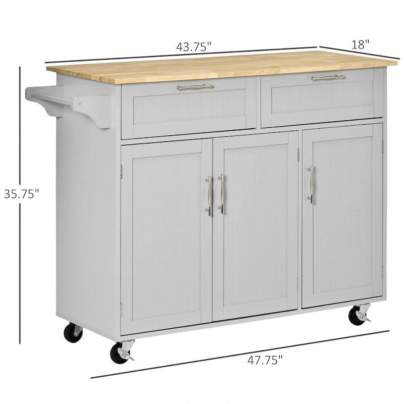 Isola da cucina mobile in legno naturale con 2 cassetti, 3 ante e ripiani regolabili su ruote